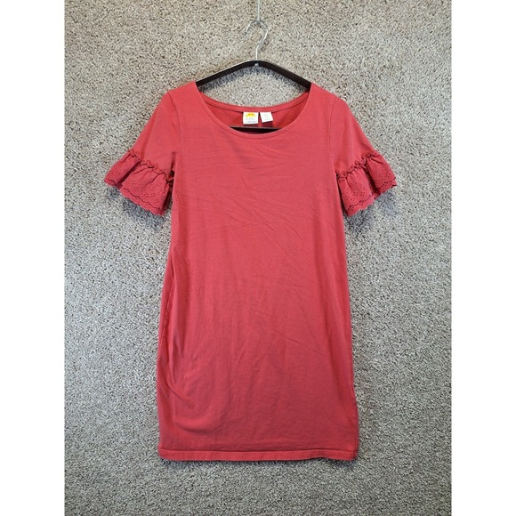 C&C California Dresses & Skirts - C&C California Shift Dress Womens XS Pink Stretch Eyelet Ruffle Sleeve Pullover